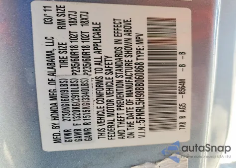 2011 Honda Odyssey Touring z USA, uszkodzony, nr VIN 5FNRL5H98BB060868